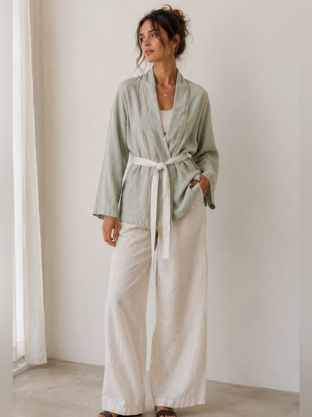 Deiji Studios 100% Linen Contrast Tie Wrap Robe Jacket Sage One Size